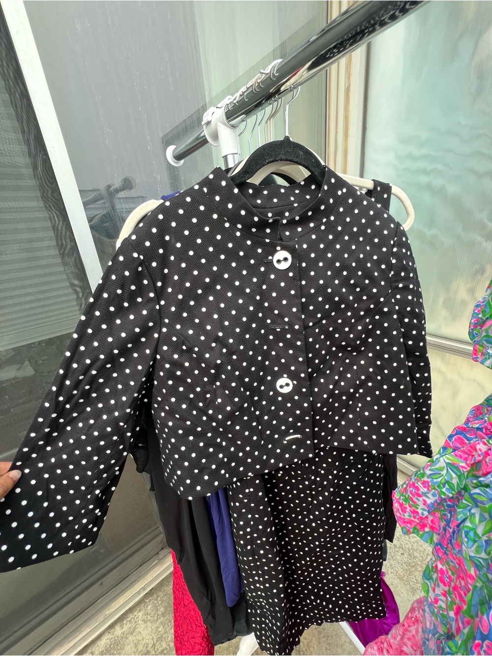 Teri Jon Black and White Polka Dot Cropped Jacket